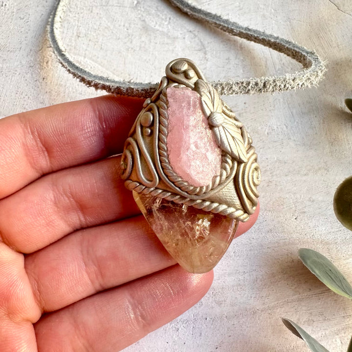Golden Citrine gemstone pendant accented with Raw Morganite, traditionally associated with confidence, joy and abundance.