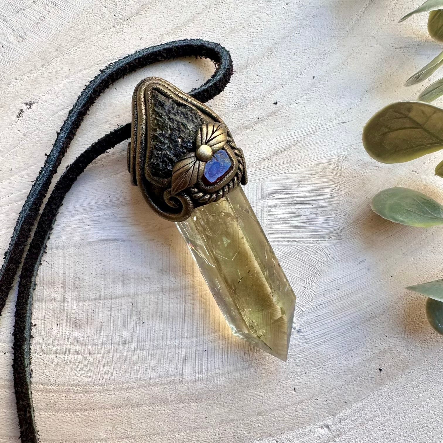 Citrine point crystal wand with raw moldavite and red garnet