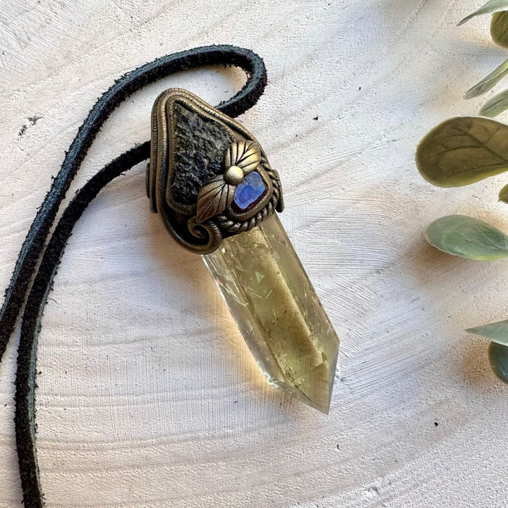 Citrine point crystal wand with raw moldavite and red garnet