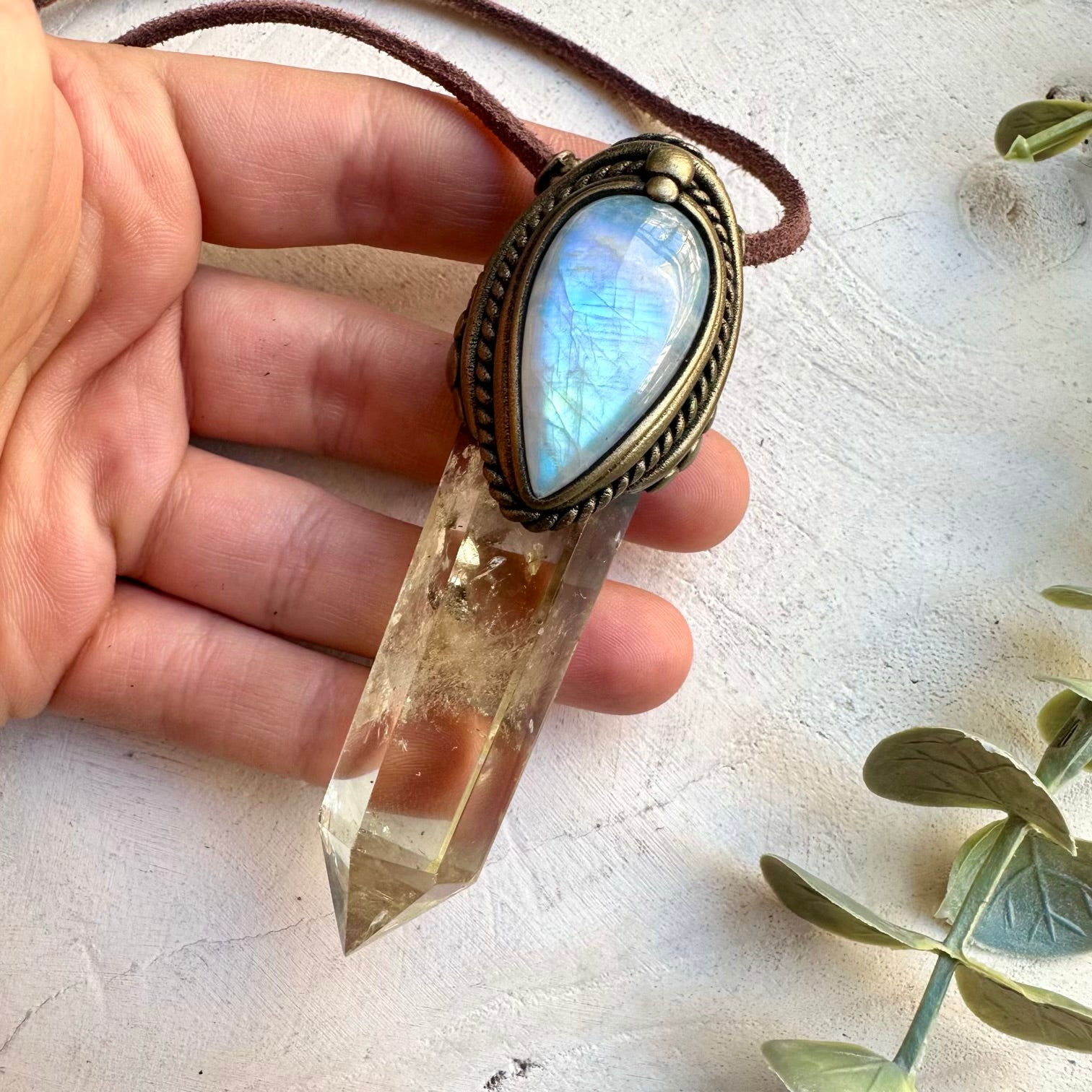 Citrine point crystal wand pendant with rainbow moonstone