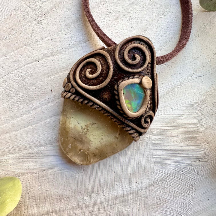 Handmade healing crystal pendant with citrine and Ethiopian opal