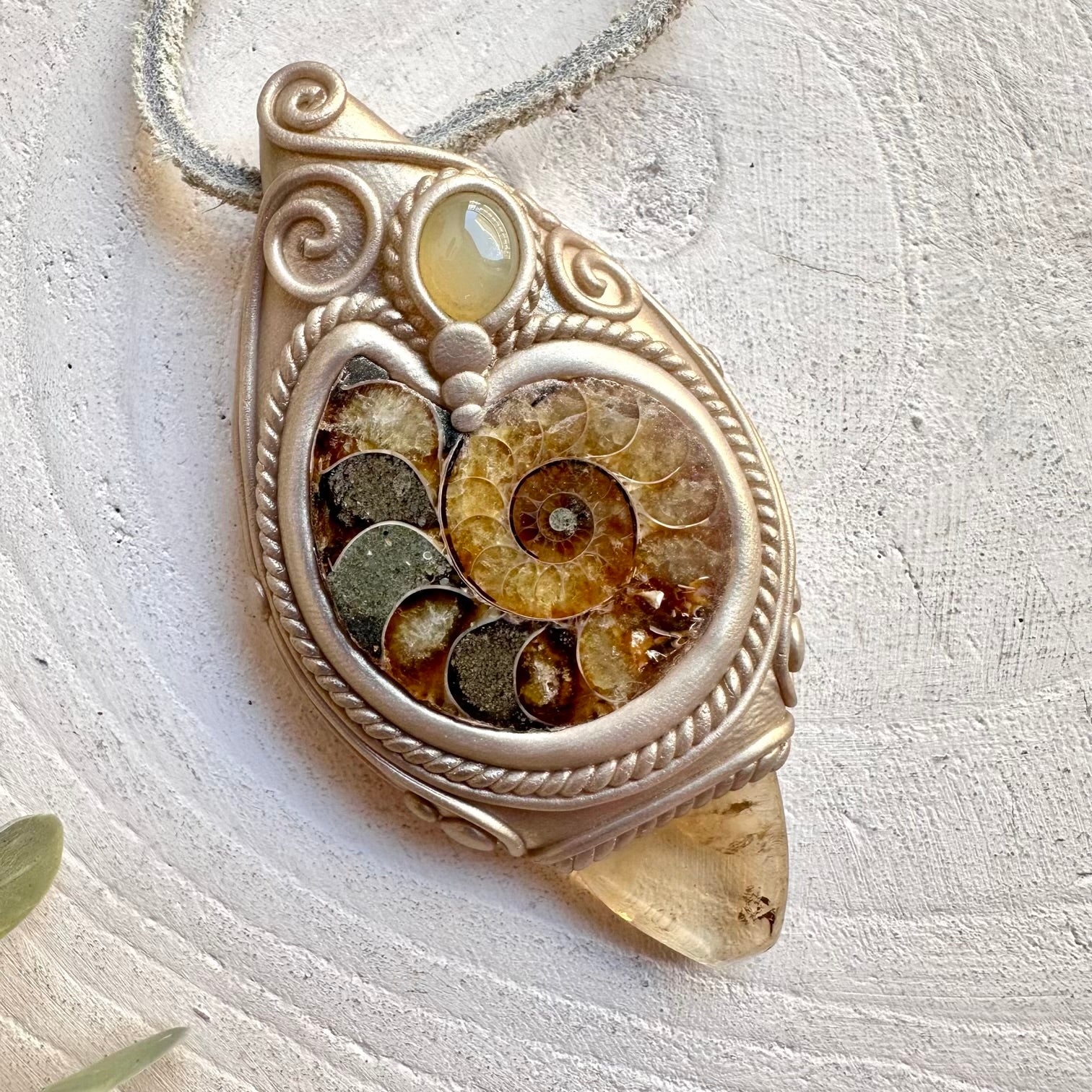 Healing crystal necklace fantasy jewelry ammonite citrine and chalcedony pendant