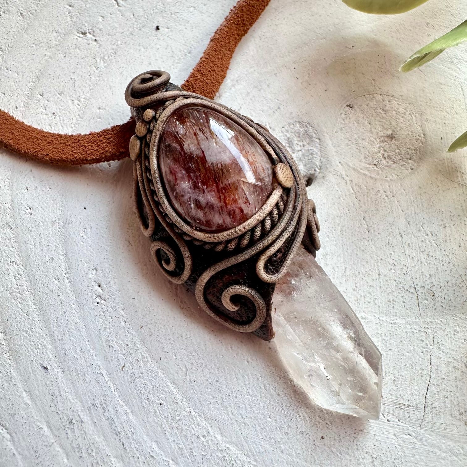 Handmade unisex gemstone necklace featuring Clear Quartz and Red Quartz