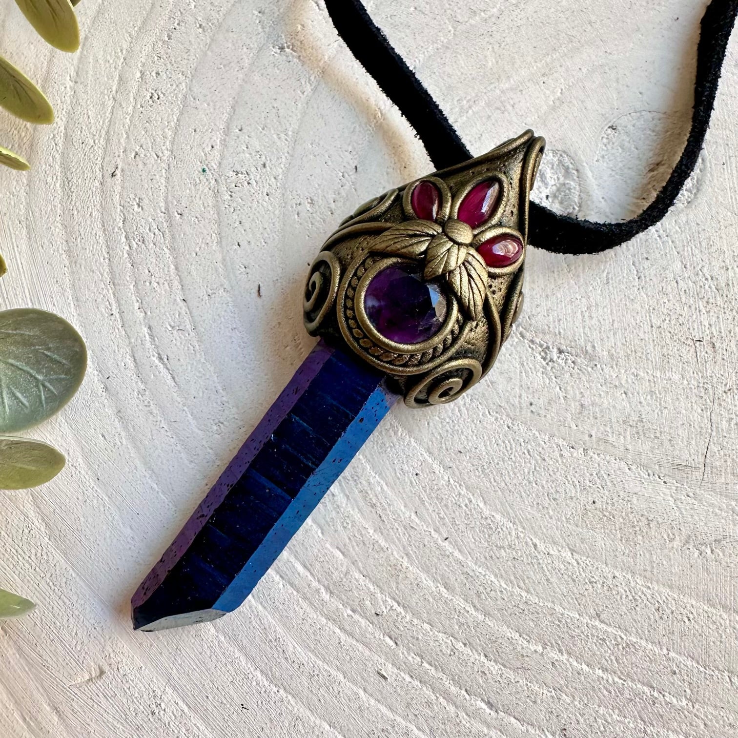 One of a kind gemstone jewelry combining Cobalt Aura Quartz with natural Fluorite and Garnet.