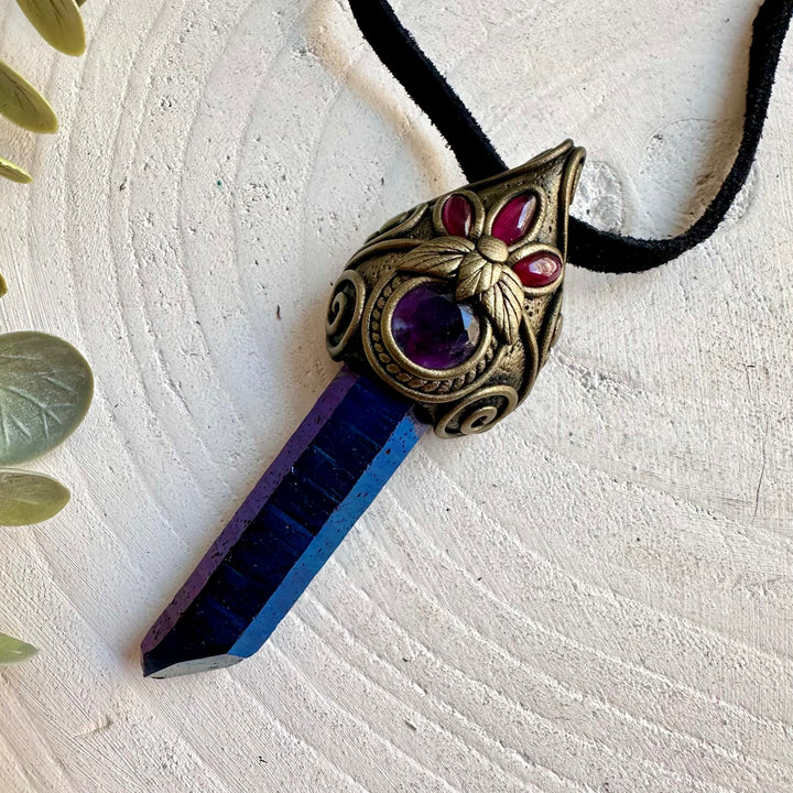 One of a kind gemstone jewelry combining Cobalt Aura Quartz with natural Fluorite and Garnet.