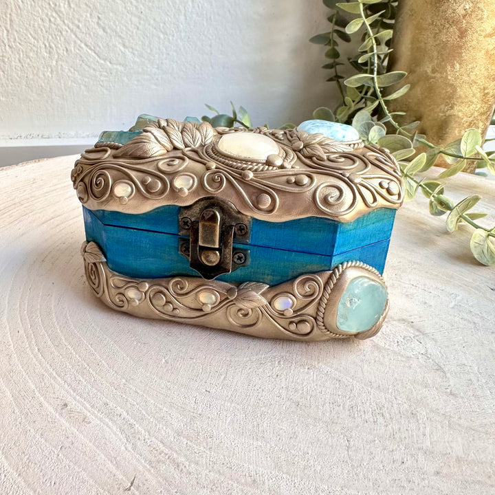 Handmade decorative box adorned with Aqua Aura Quartz, Aquamarine, Larimar Heart, Rainbow Moonstone and Ethiopian Opal.