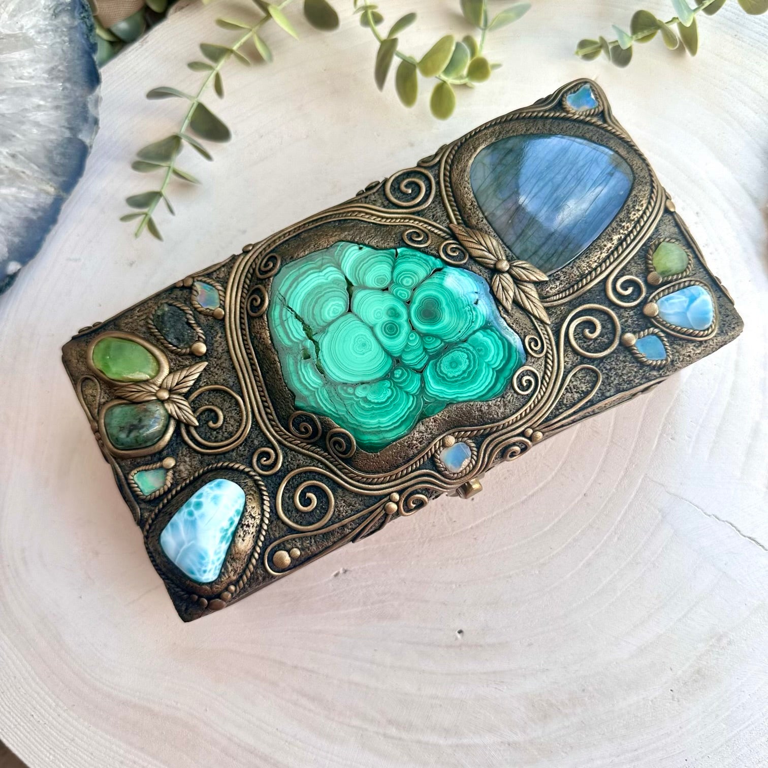 Unique crystal decor wooden box with Ethiopian opal and emerald