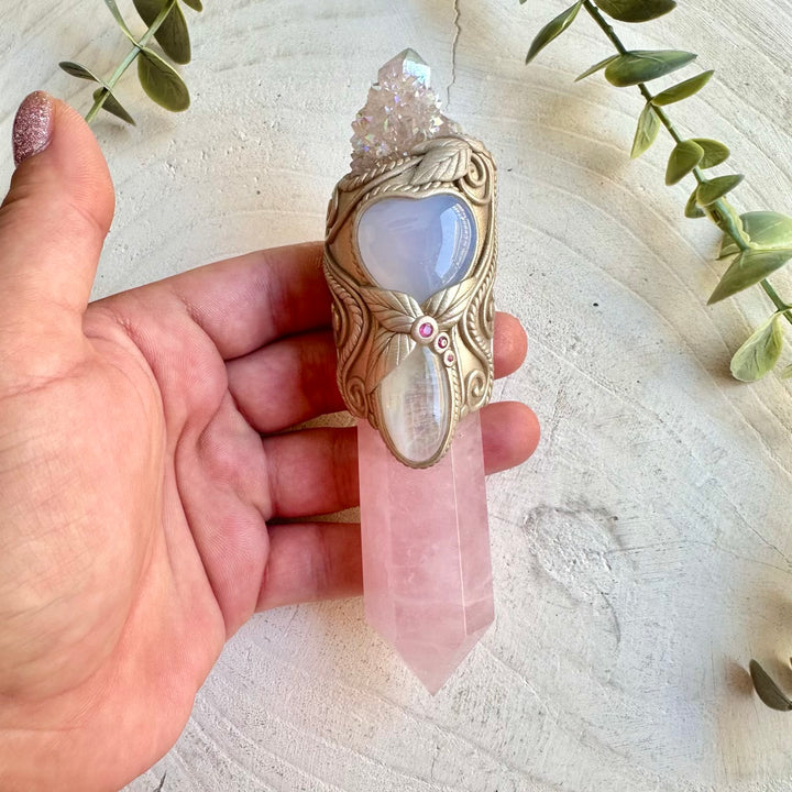Healing gemstone wand with angel aura quartz for spiritual connection and harmony