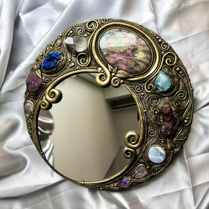 Unique spiritual decor mirror featuring Spirit Quartz, Rose Quartz and Moonstone