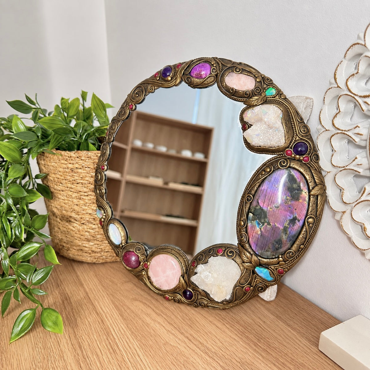 Handmade clay crystal art with Apophyllite, Amethyst, Morganite and raw Ethiopian Opal for mystical home decor.