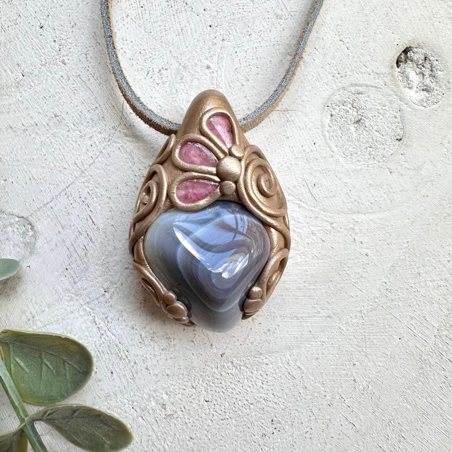 Healing gemstone necklace with Botswana agate and pink tourmaline