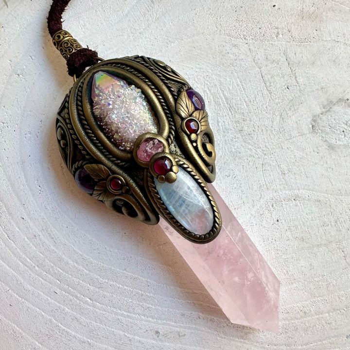 Handmade energy healing crystal tool - crystal wand combining Rose Quartz, Angel Aura Spirit Quartz and sparkling natural gemstones.