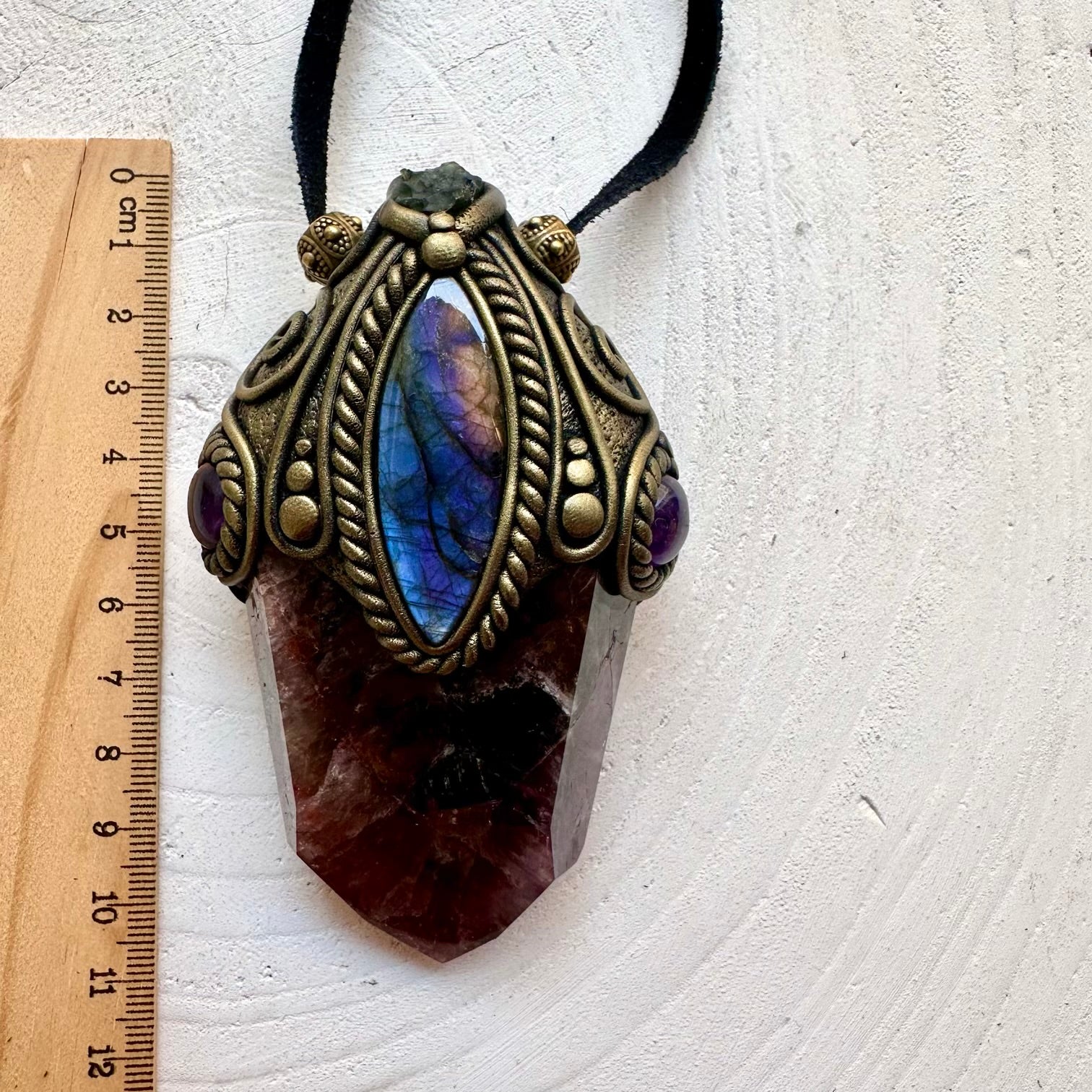 One of a kind healing crystal wand featuring Super Seven Quartz and genuine natural moldavite, labradorite and amethyst gemstones.