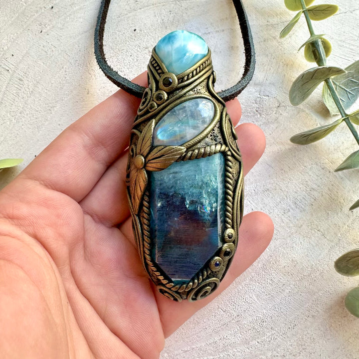 Handmade gemstone altar tool combining Aqua Aura Quartz, Larimar and Rainbow Moonstone.