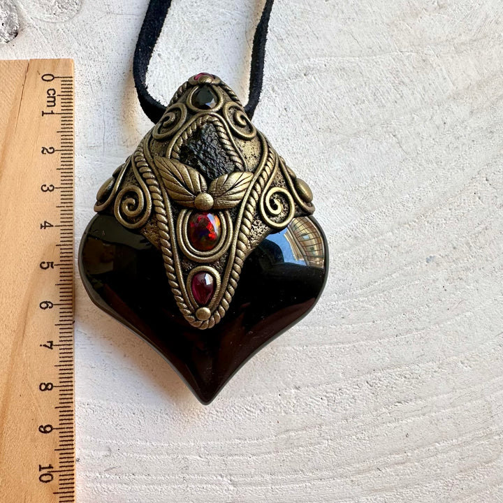 Handmade Rainbow Obsidian pendant necklace with Moldavite, Smoky Quartz, Black Ethiopian Opal and Rhodolite Garnet.