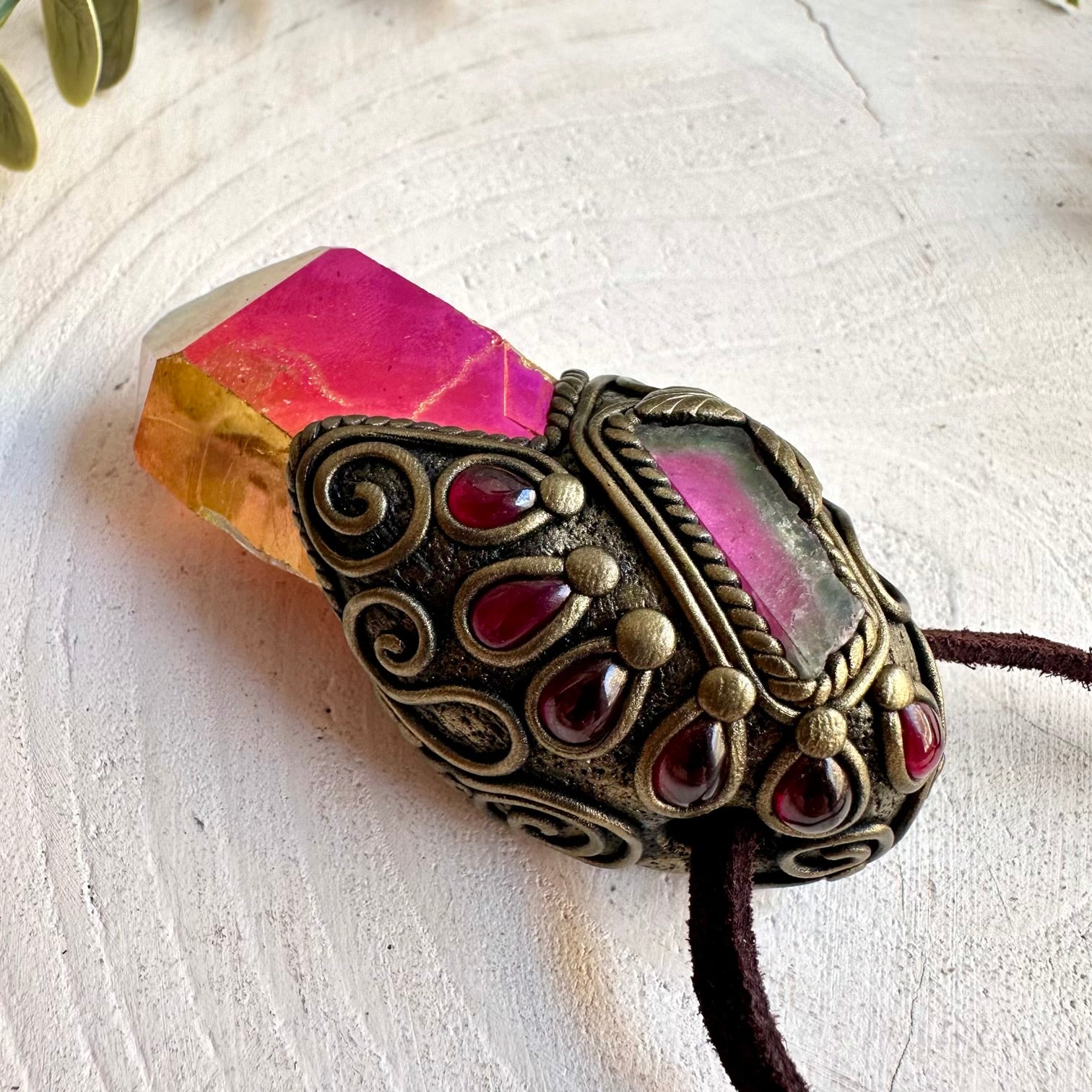 Sunset Aura Quartz healing crystal talisman necklace / healing crystal wand handcrafted with Watermelon Tourmaline and Rhodolite Garnet.