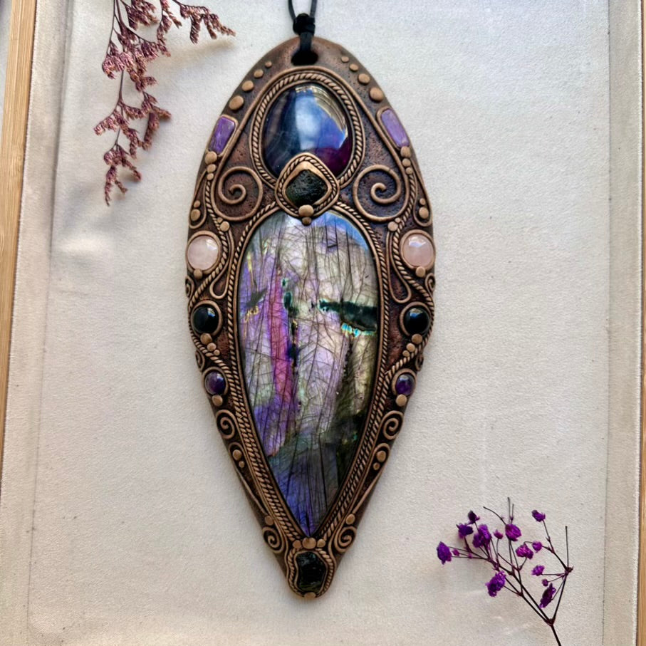 Handcrafted crystal wall art with Rose Quartz, Amethyst and Black Onyx