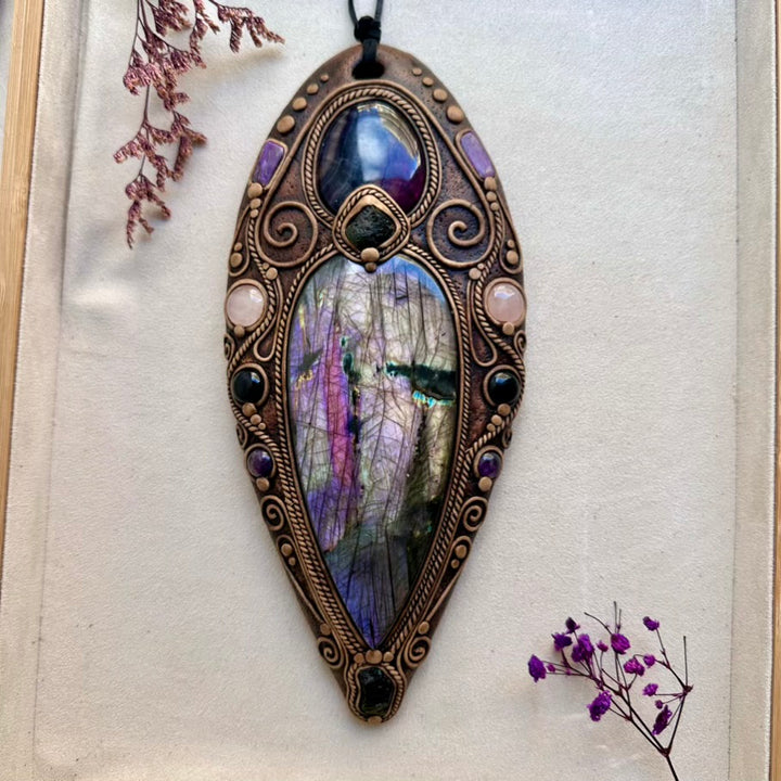 Handcrafted crystal wall art with Rose Quartz, Amethyst and Black Onyx