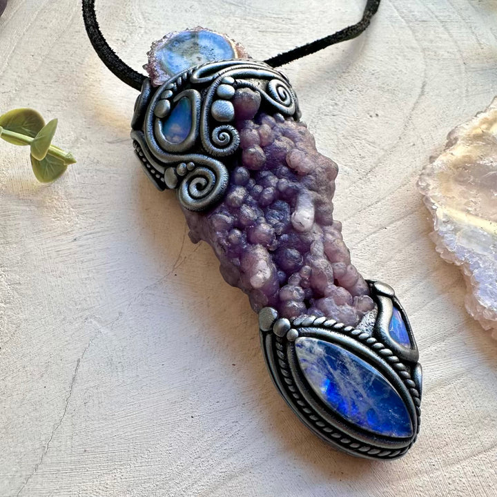 Spiritual crystal wand featuring grape chalcedony cluster