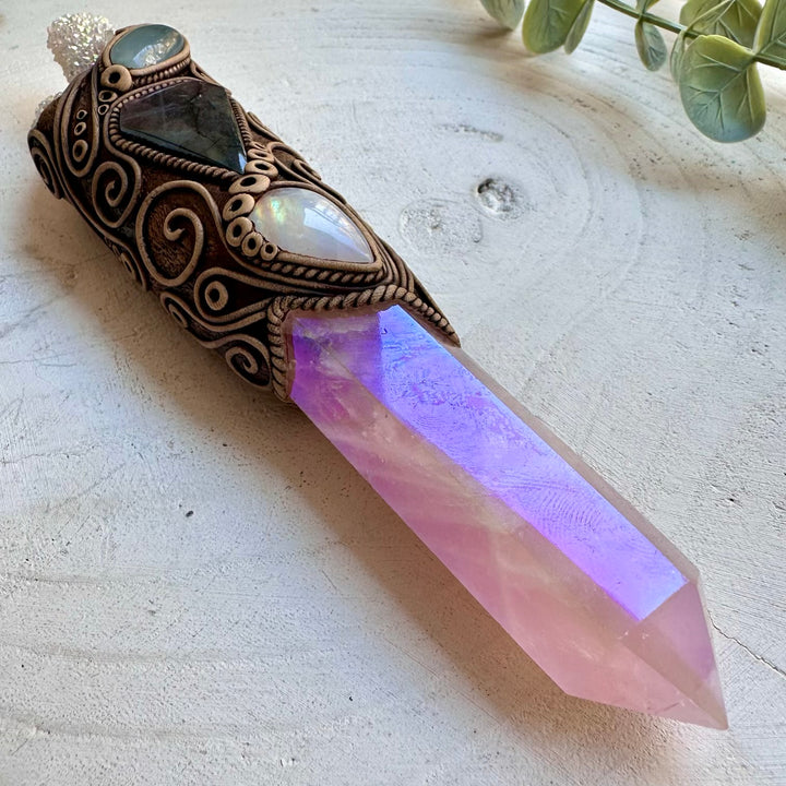 One of a kind crystal wand necklace with aura quartz and gemstones