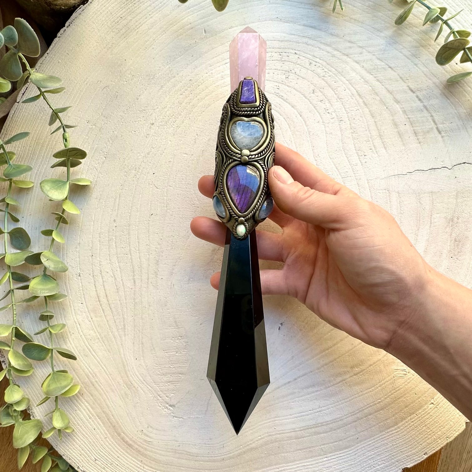Handmade crystal wand with black obsidian point rose quartz and clear quartz heart