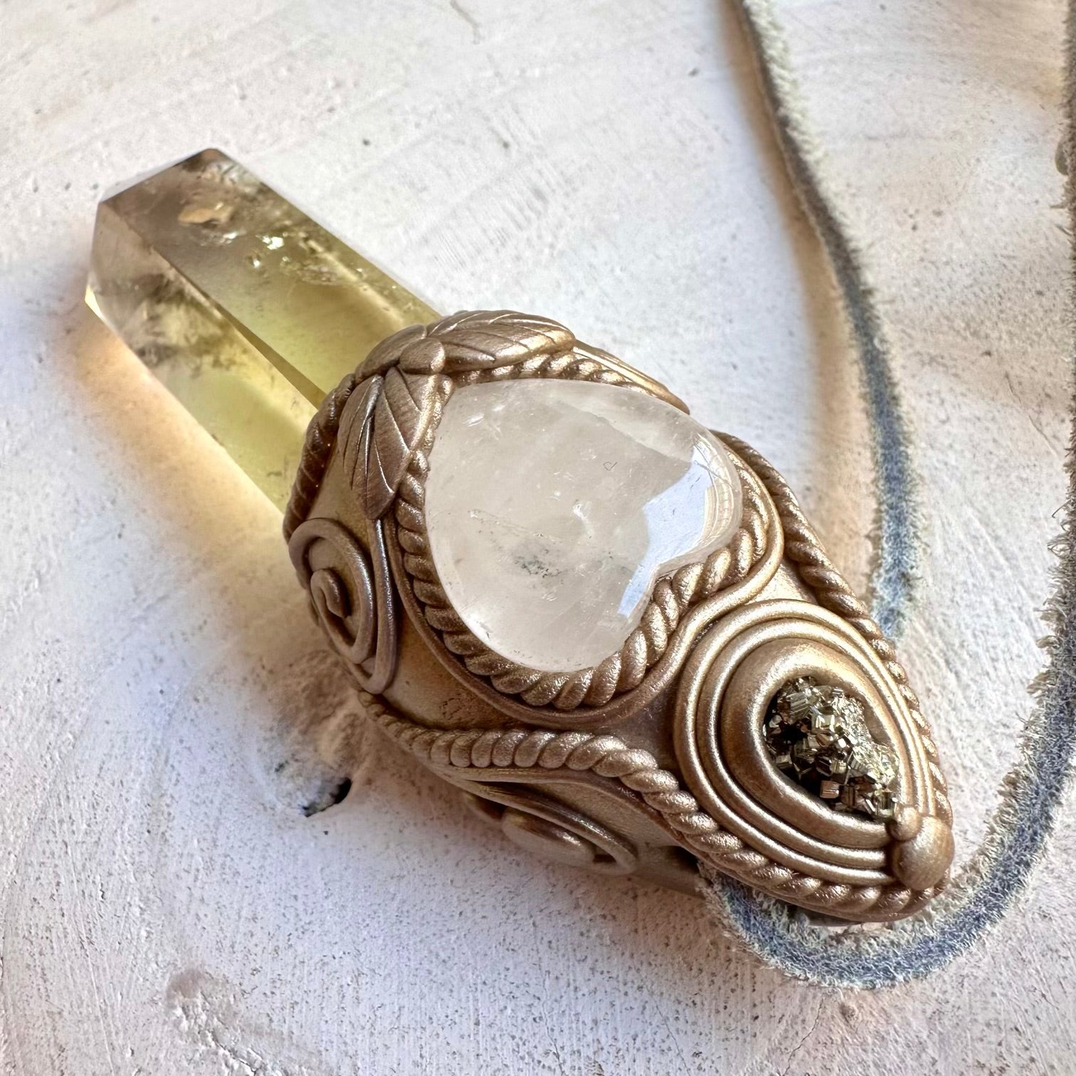 Healing crystal jewelry featuring Citrine, Quartz Heart and Pyrite
