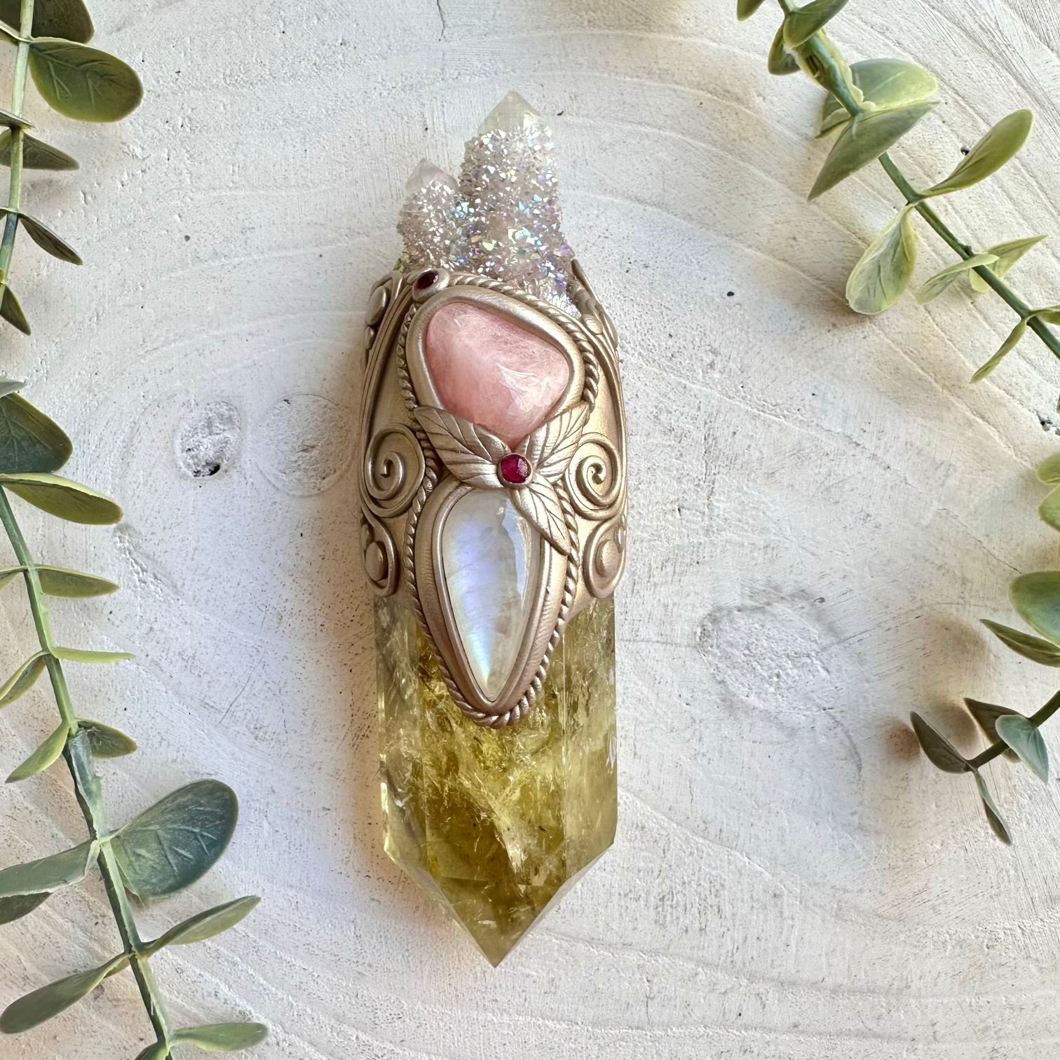 Handmade manifestation crystal wand with natural healing gemstones for spiritual practice