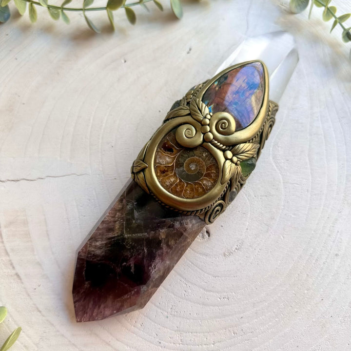 crystal wand handcrafted with Super Seven Quartz, Lemurian Seed Quartz and Moldavite.