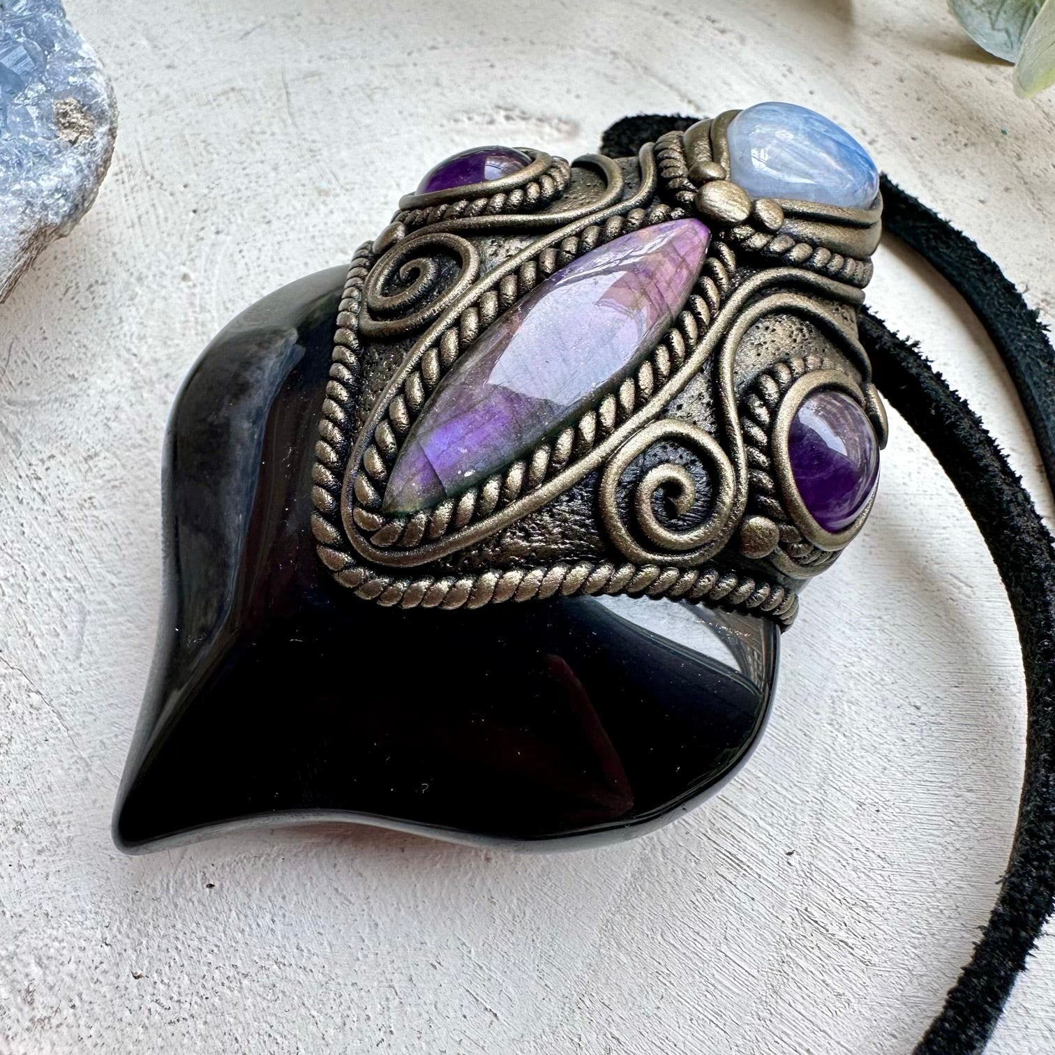 Unique gemstone necklace with moonstone and amethyst crystals