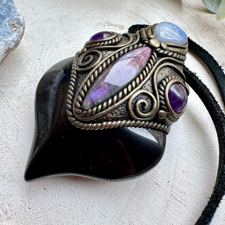 Unique gemstone necklace with moonstone and amethyst crystals