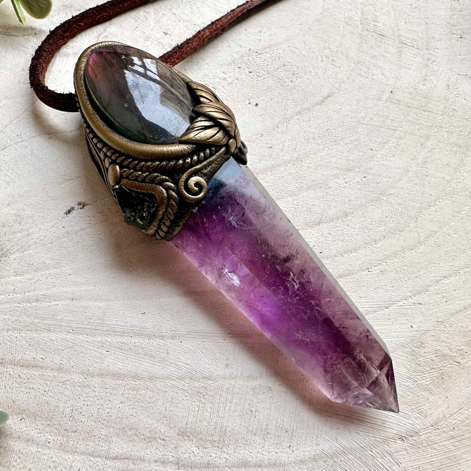 Amethyst point paired with moldavite and labradorite wand necklace