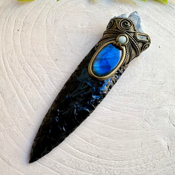 Unique ritual tool featuring Aqua Aura Quartz and Aquamarine stones