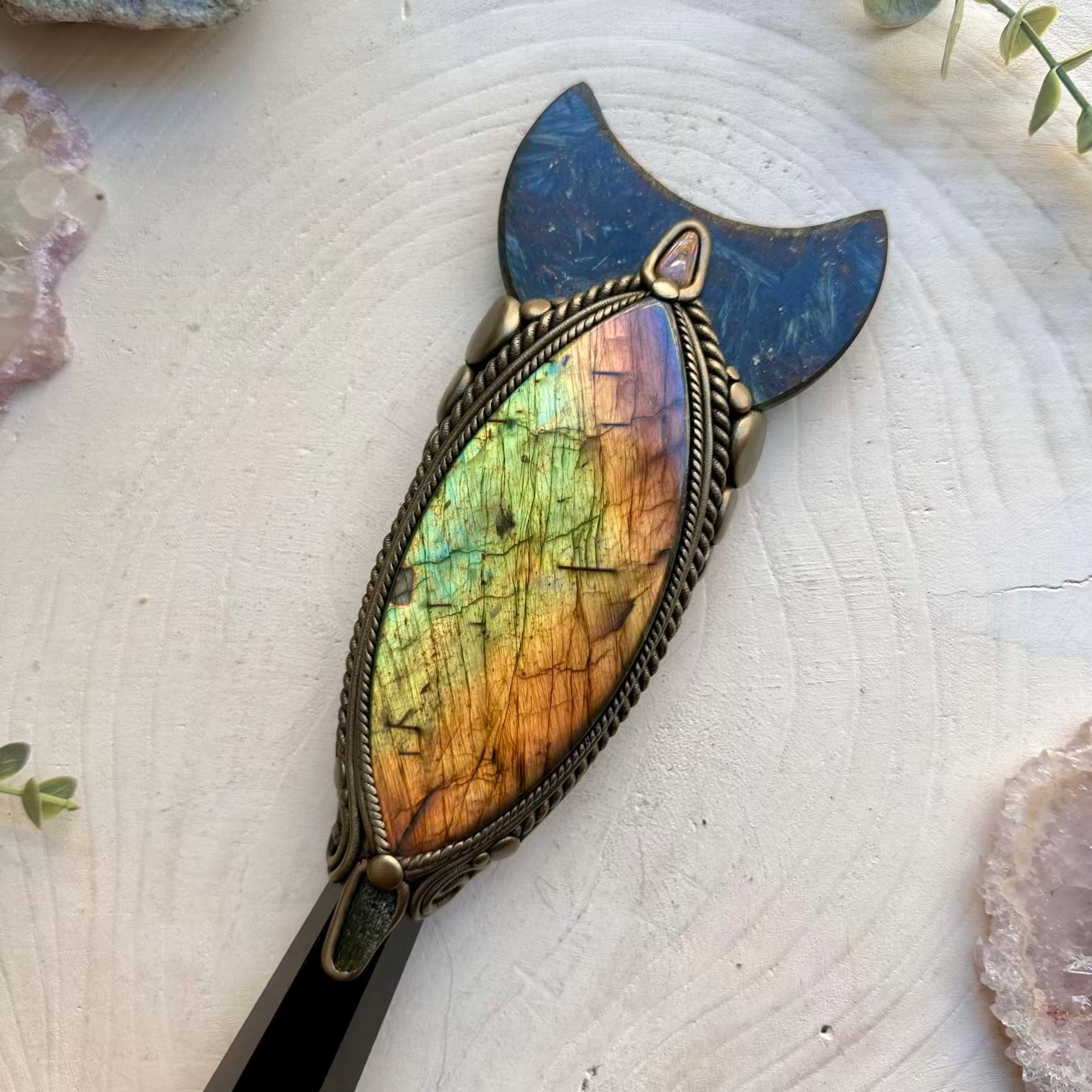 Crystal wand with astrophyllite moon and large labradorite