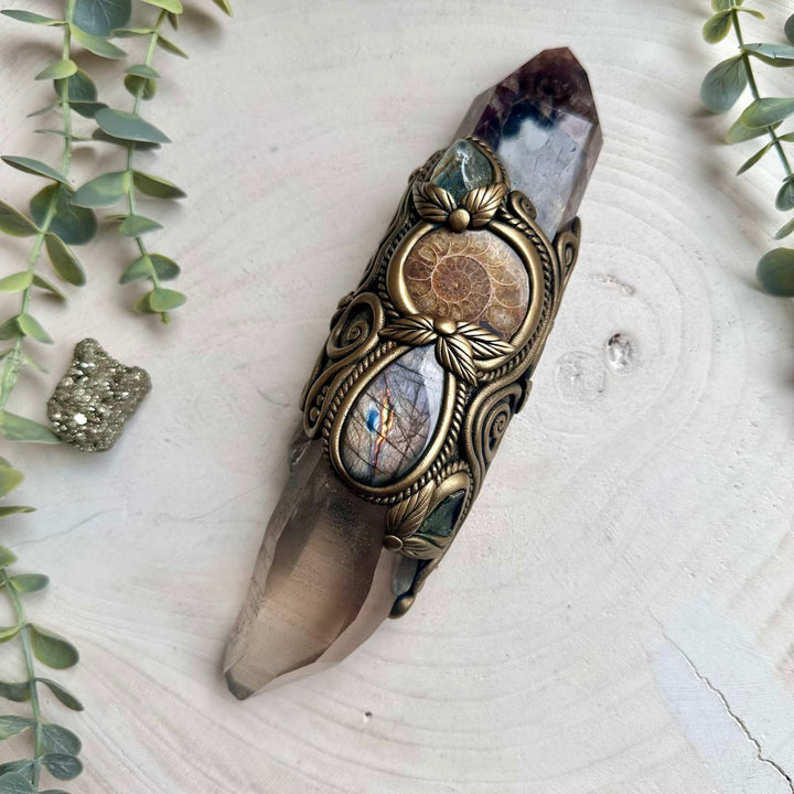 One of a kind crystal wand with super seven quartz and ammonite