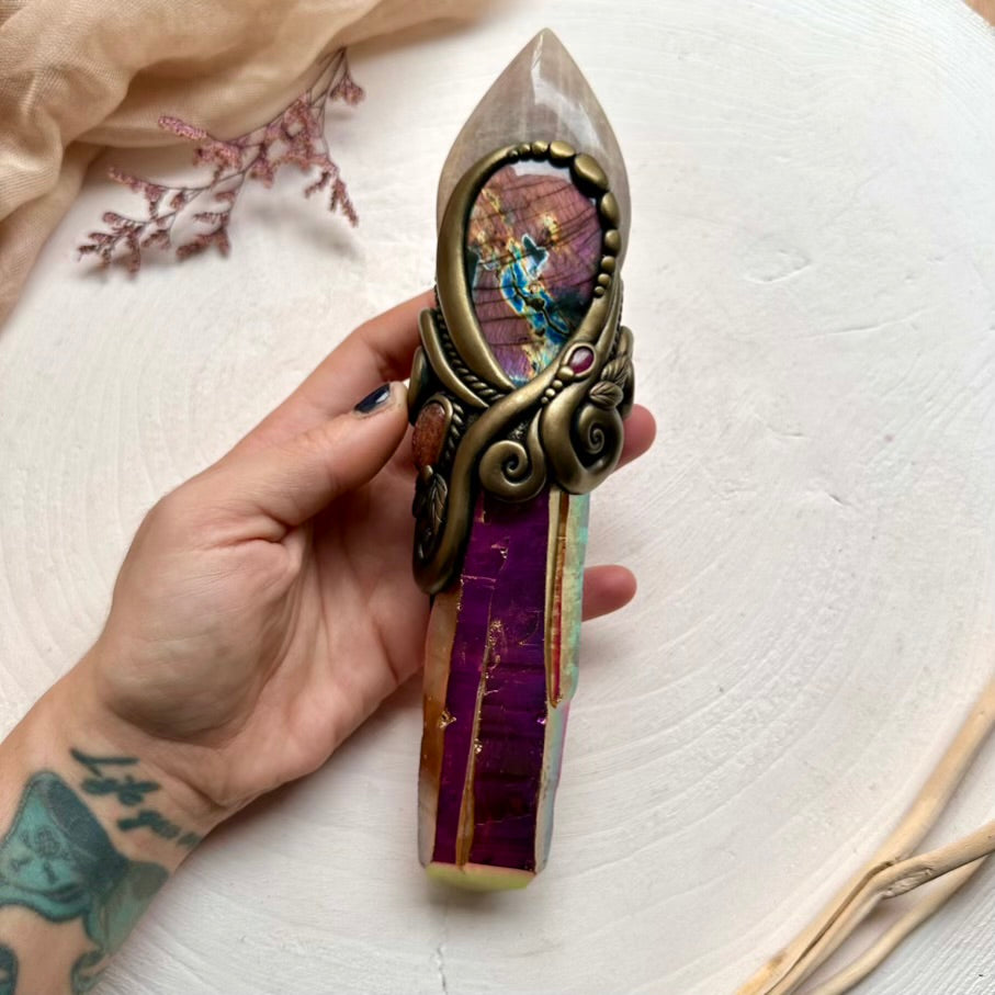 Sunset Aura Quartz crystal wand with Sunstone, Labradorite and Ruby