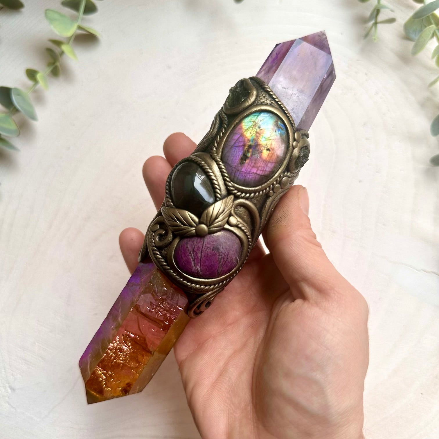 Handmade crystal wand with sunset aura quartz point ametrine and labradorite