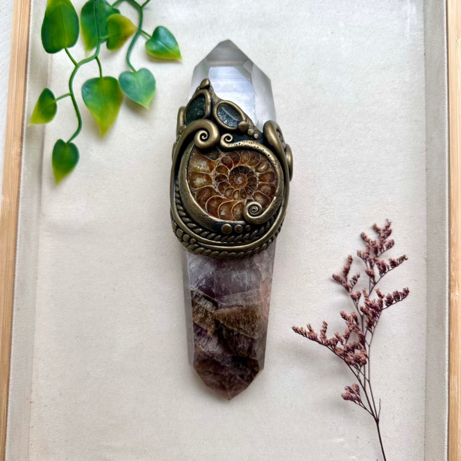 Handmade crystal wand with Super Seven Quartz, Lemurian Quartz, Ammonite, Moldavite and Topaz