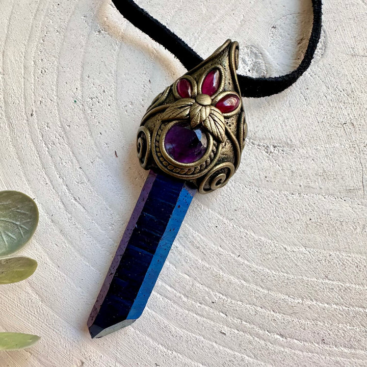 Handmade spiritual jewelry featuring Rainbow Fluorite and Rhodolite Garnet with Cobalt Aura Quartz.
