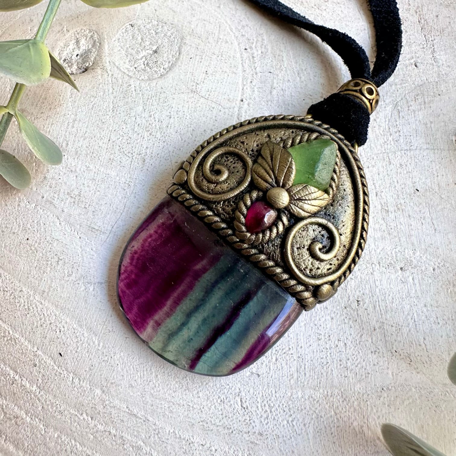 Natural gemstone pendant with colorful Fluorite, raw Peridot and deep red Garnet.