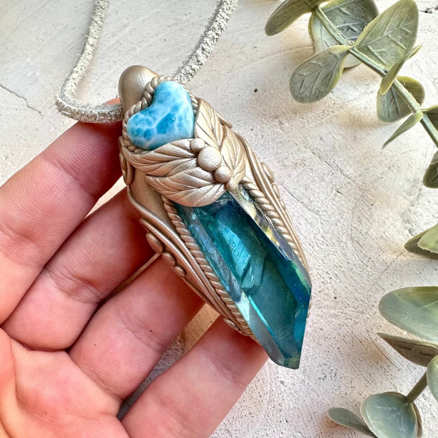 Handmade ocean inspired crystal pendant necklace with natural gemstones