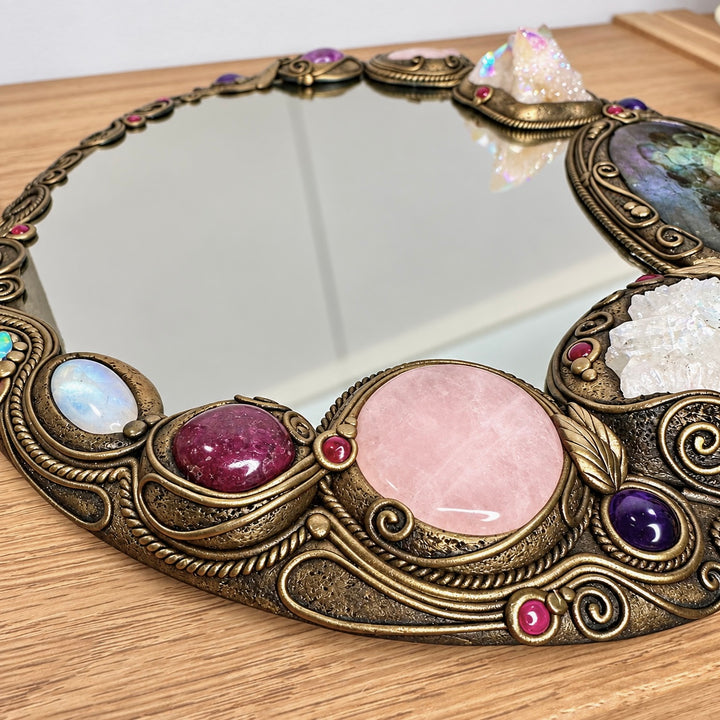 Handmade healing crystal home decor mirror featuring Labradorite, Rose Quartz, Ruby, Morganite and Ethiopian Opal.