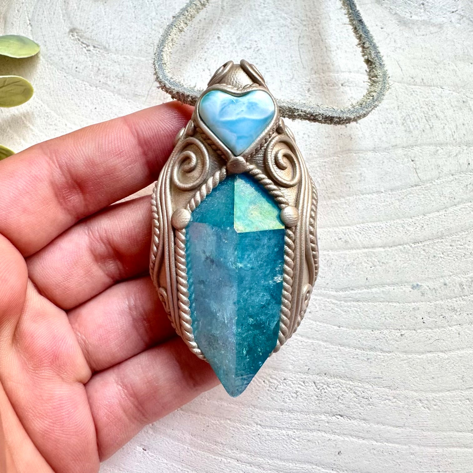 Raw gemstone necklace larimar heart aqua aura healing crystal jewelry