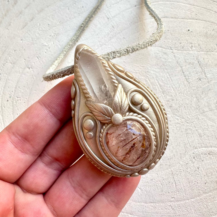 One of a kind handmade clay crystal necklace with hematite quartz and lemurian seed quartz