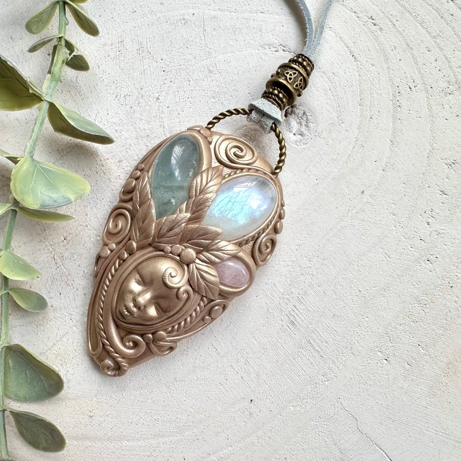 One of a kind clay goddess necklace with multiple gemstones