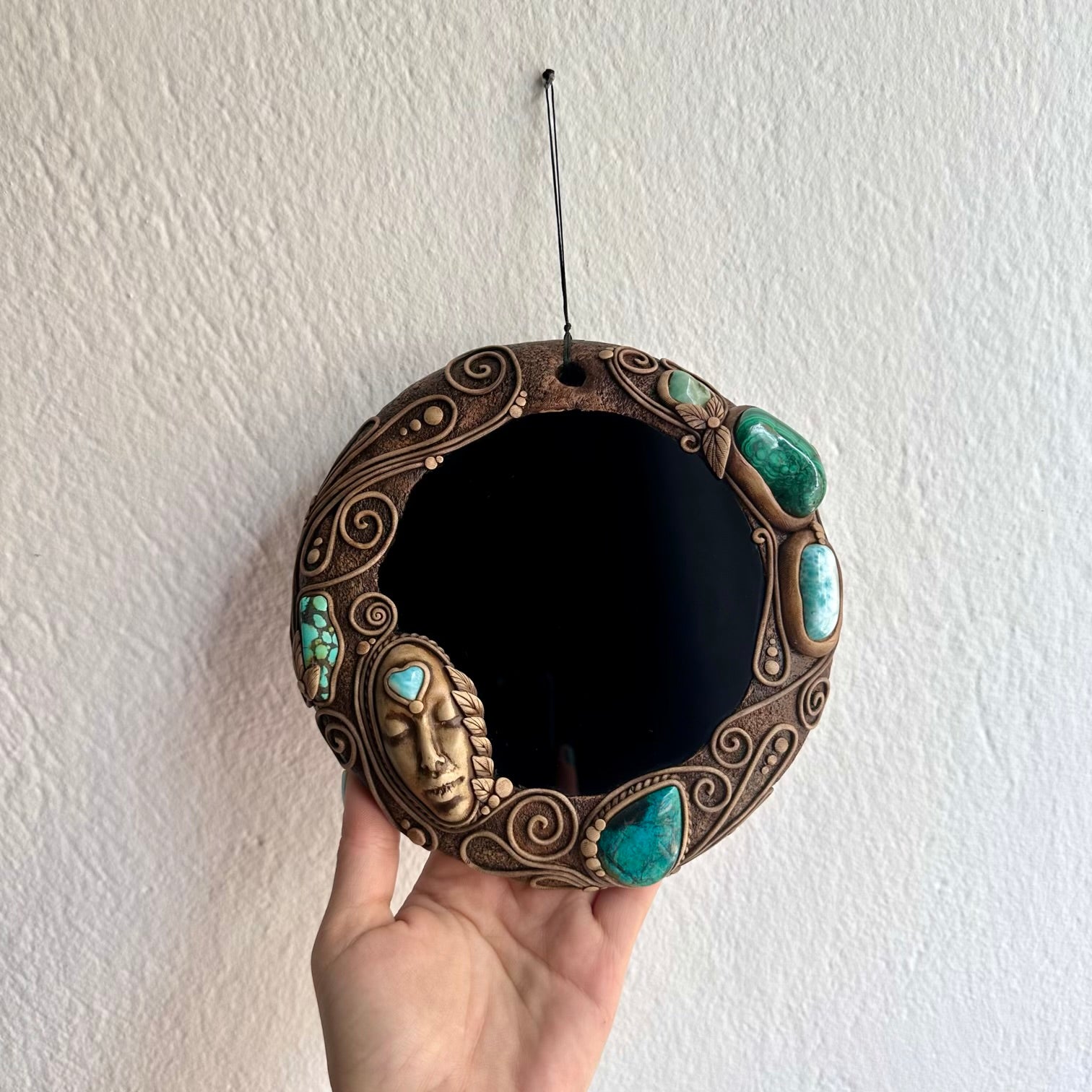 Unique spiritual wall art with turquoise malachite and chrysoprase