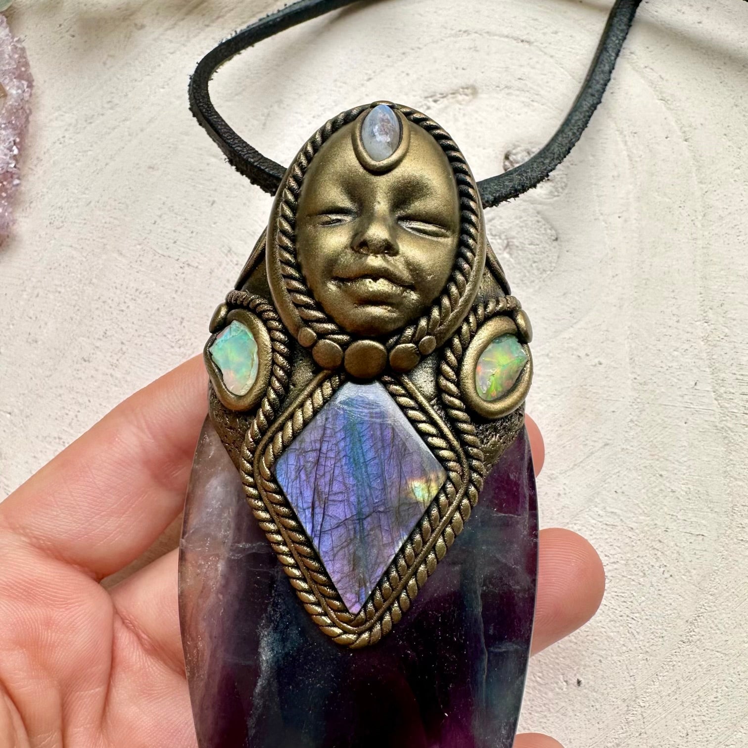 Energy healing crystal necklace with fluorite and moonstone