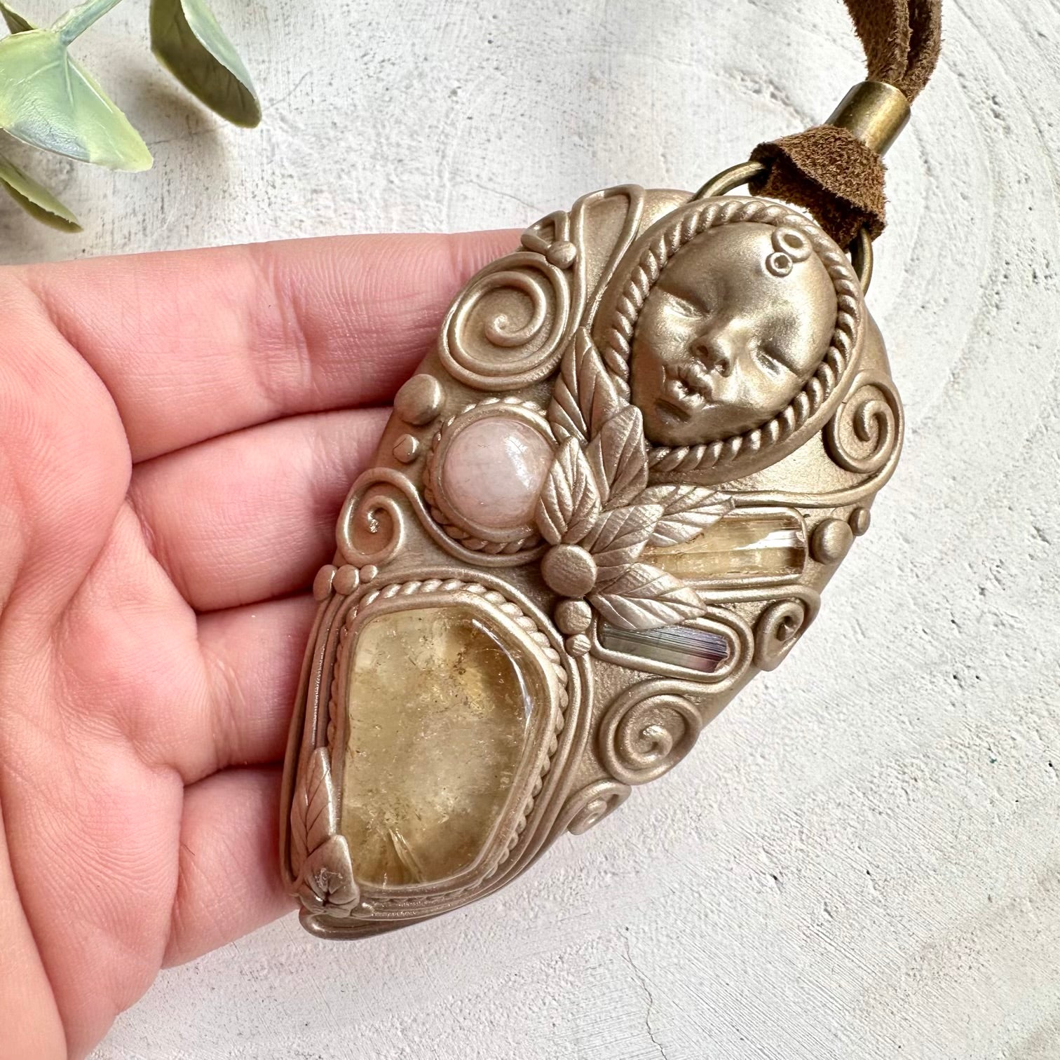 Healing crystal goddess pendant with citrine and bi color tourmaline