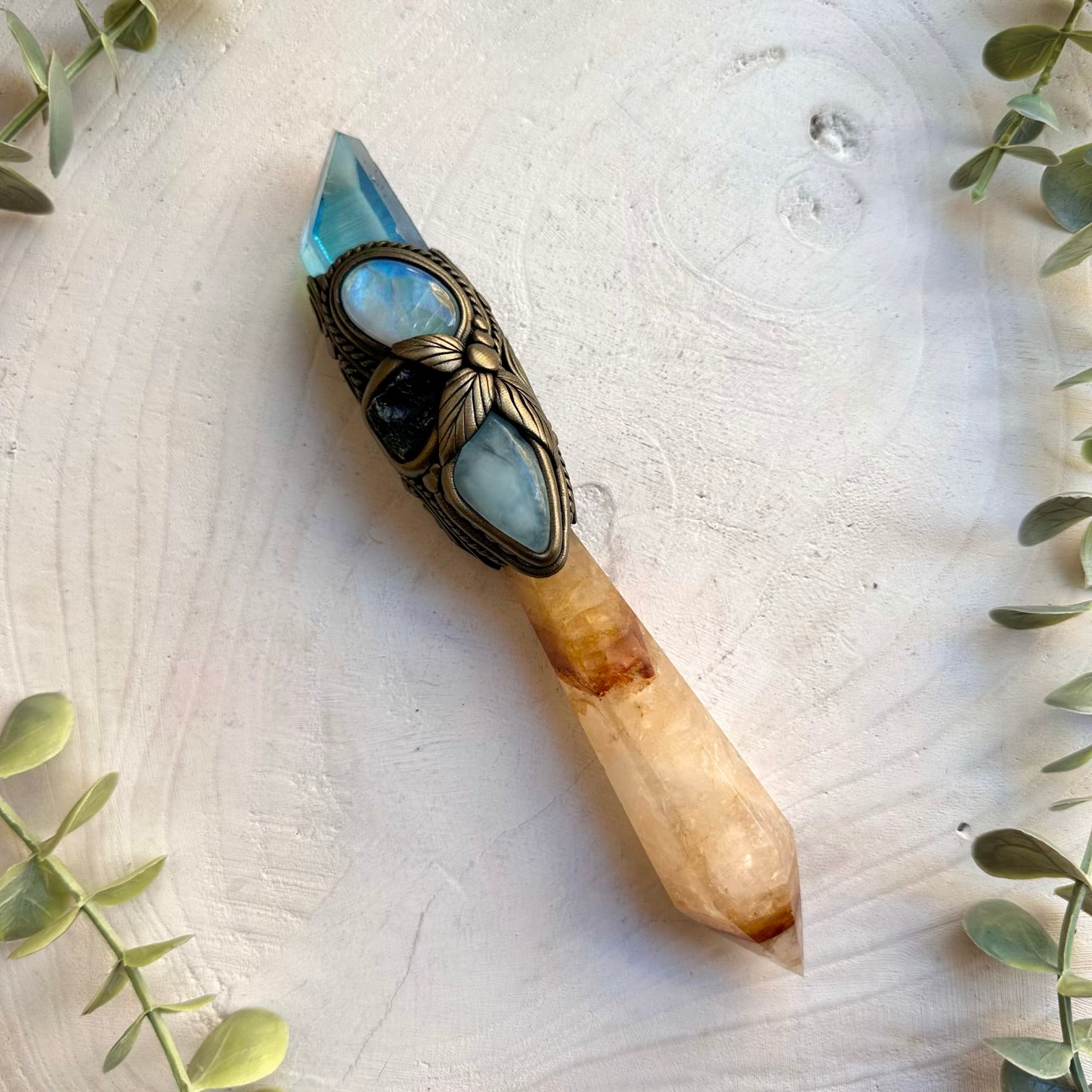 Healing crystal wand with golden healer and aquamarine