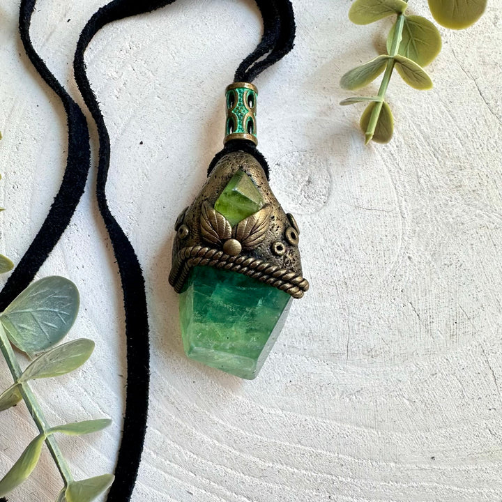 Unisex crystal necklace with Green Fluorite and bright green Peridot.