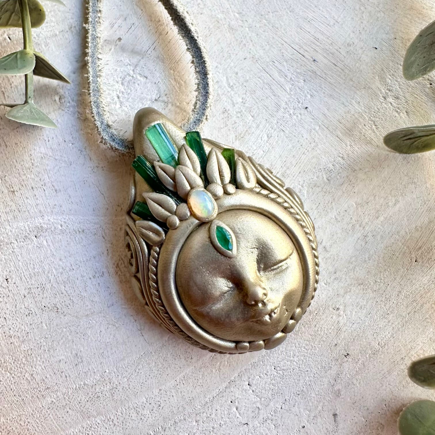 Natural gemstone pendant with Green Tourmaline, colorful Ethiopian Opal flashes and vibrant Emerald details.